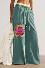 Load image into Gallery viewer, Flower Drawstring Contrasted Elastic Waist Wide Leg Pants: Green / S
