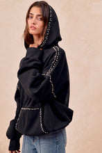 Load image into Gallery viewer, BRUSHED TERRY HALF ZIP UP HOODIE TOP WITH JEWELED: BLACK / XL
