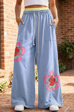 Load image into Gallery viewer, Flower Drawstring Contrasted Elastic Waist Wide Leg Pants: Green / L
