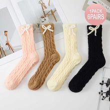 Load image into Gallery viewer, 6Pairs - Bow Accent Cozy Fuzzy Cable Knit Crew Socks Set
