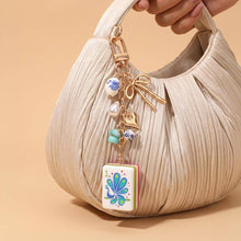 Load image into Gallery viewer, Mahjong Tile Drop Bow Pearl Heart Charm Embellished Keychain Bag Charm

