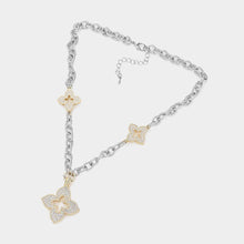 Load image into Gallery viewer, 14K Gold Plated CZ Paved Clover Pendant Station Necklace: PAVE CLEAR
