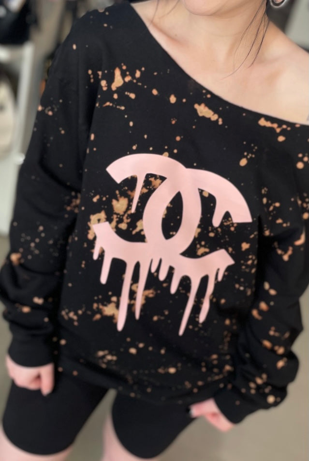 CC drip Logo Bleached BLACK Sweatshirt- Handmade