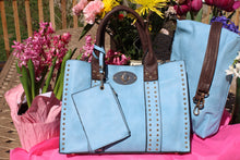 Load image into Gallery viewer, Sky Blue Studded top Handle Satchel-3 pieces
