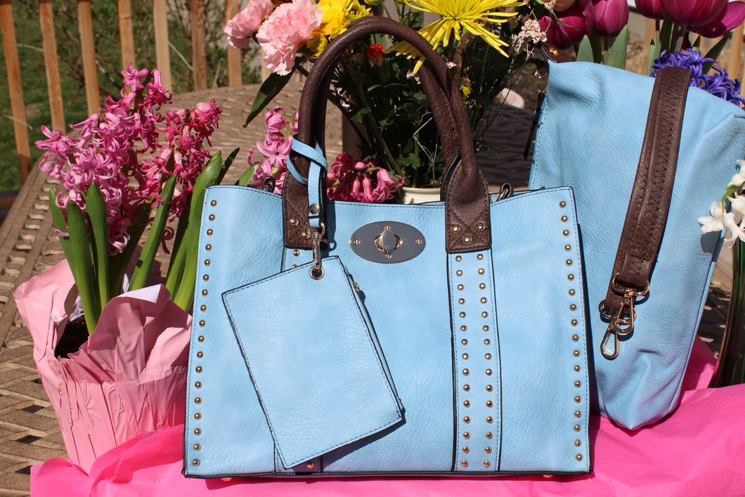 Sky Blue Studded top Handle Satchel-3 pieces