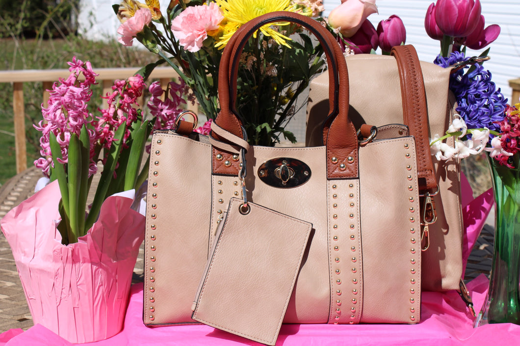 Neutral Tan Studded top Handle Satchel-3 pieces